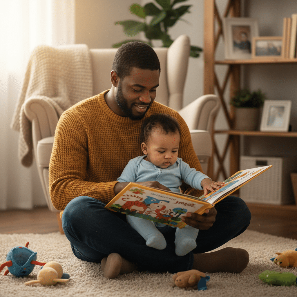 Partner bonding activities with baby reading story