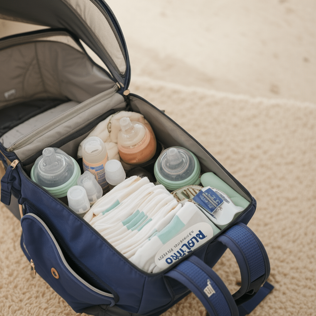 Newborn travel essentials diaper bag and baby carrier