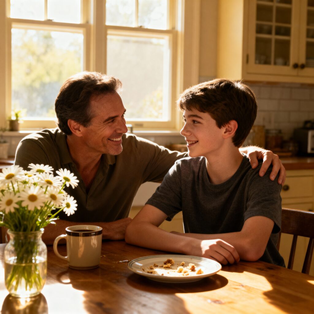 Parent actively listening to a teenager during a calm family conversation