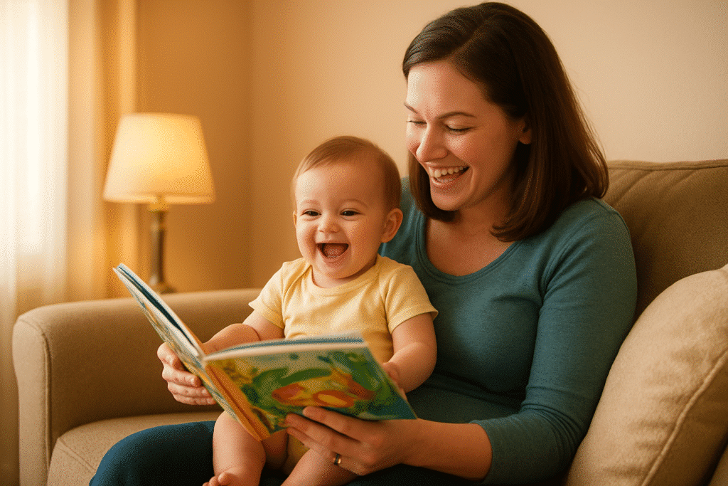 Parent reading a book to baby on couch