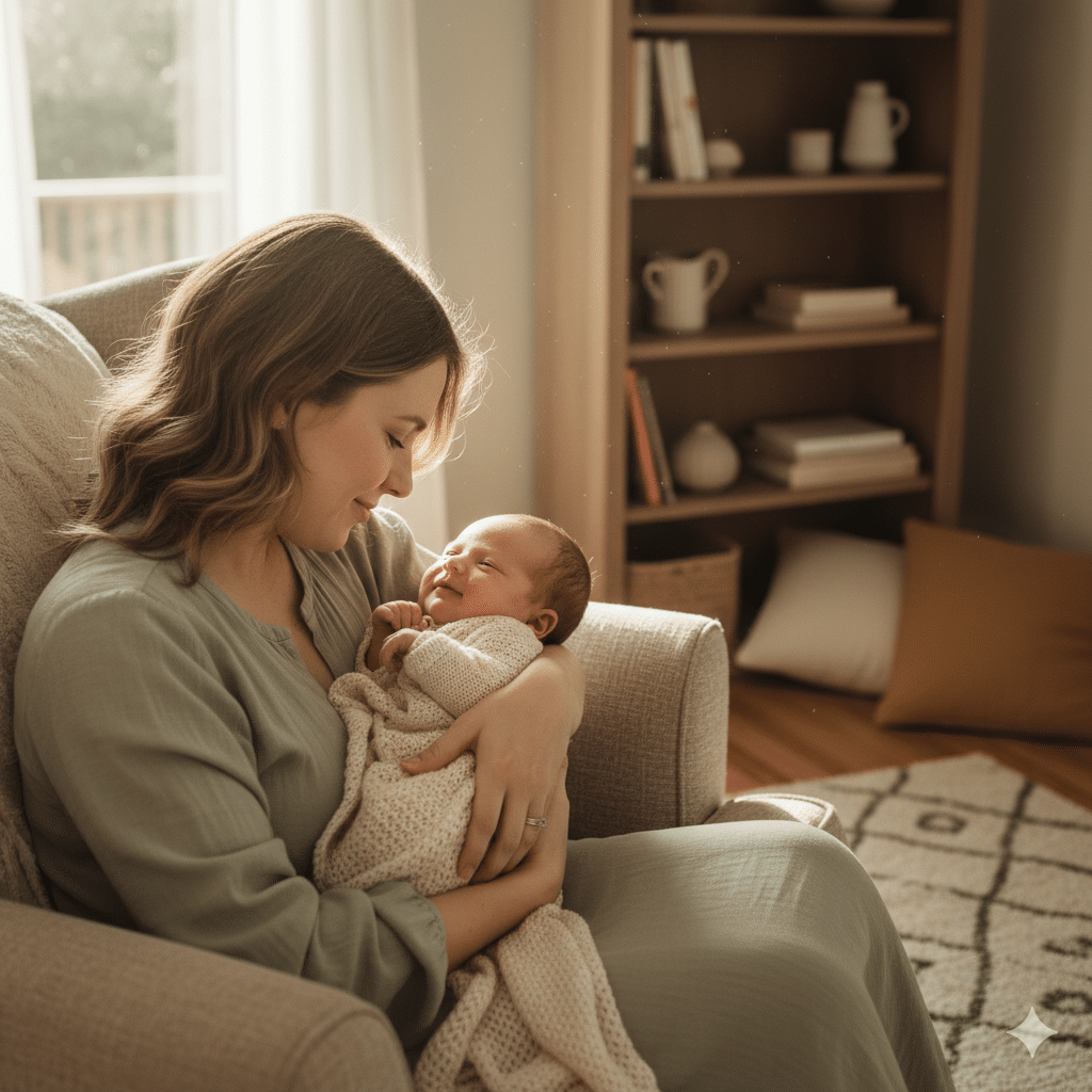 Baby’s Cognitive and Emotional development : Parent holding newborn and making eye contact to support early emotional bonding and cognitive development.