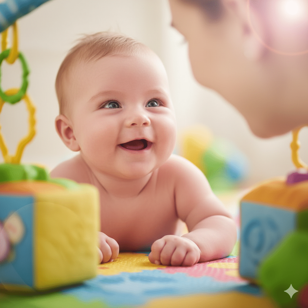 Three-month-old baby smiling in response to parent’s voice, showing early signs of cognitive and emotional awareness.