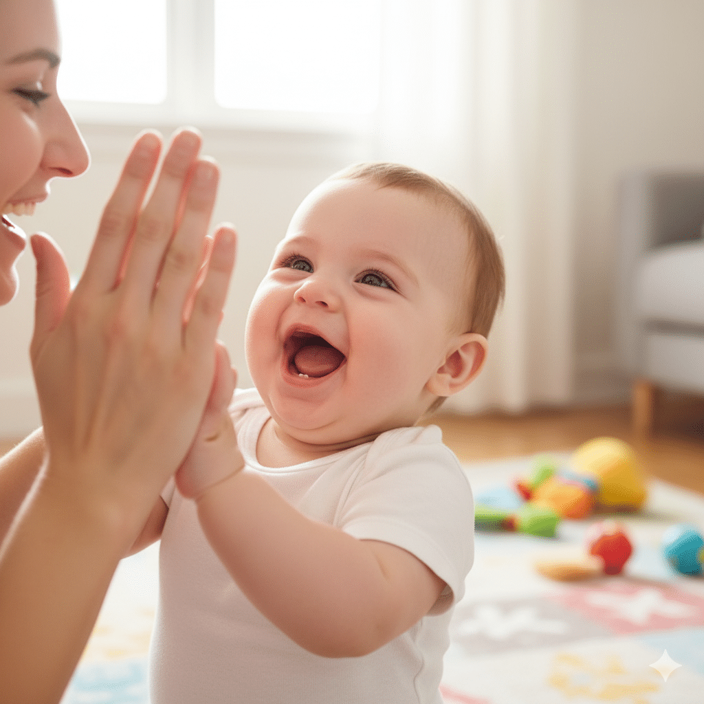 Eight-month-old baby playing peek-a-boo to strengthen social and emotional understanding.