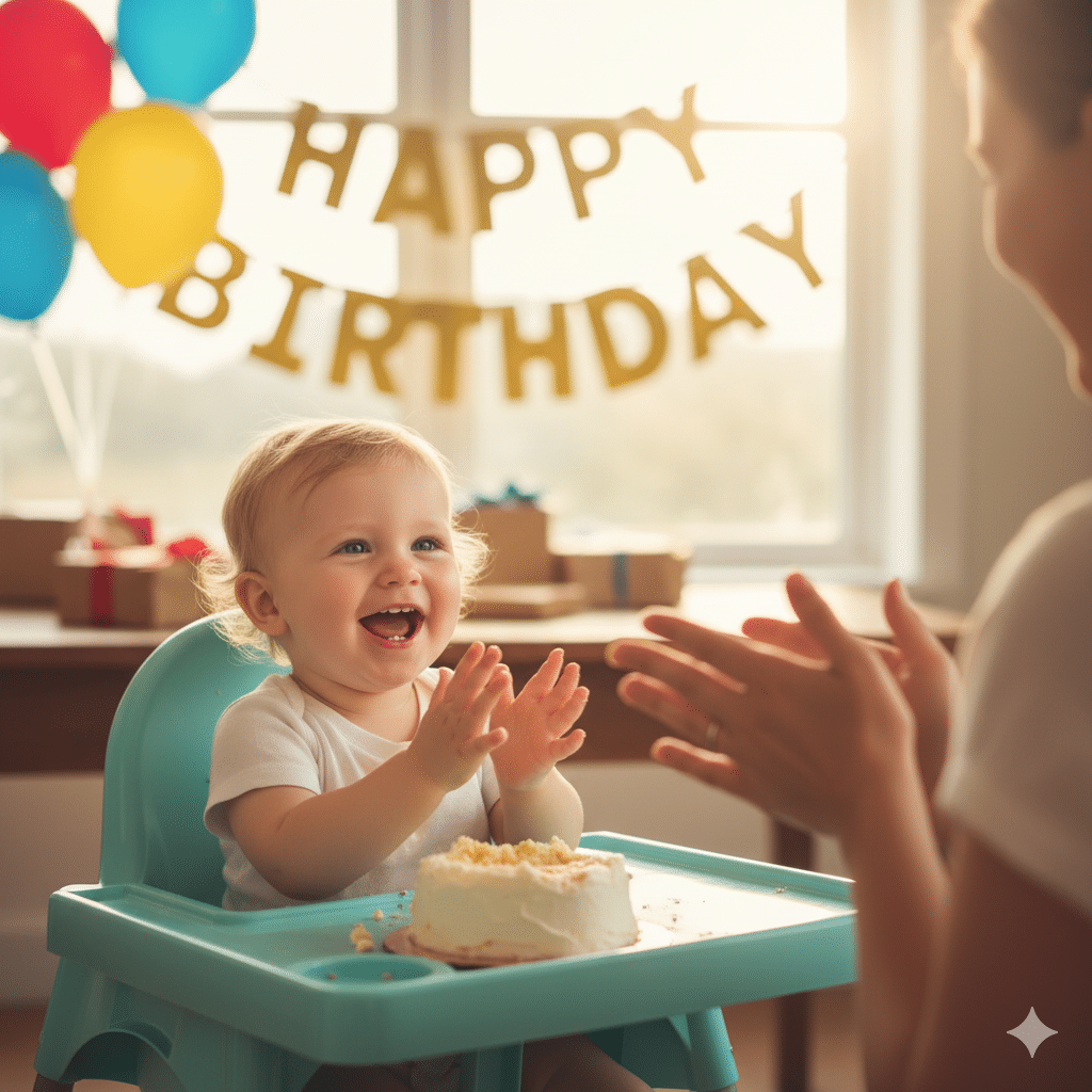 One-year-old baby smiling proudly at first birthday, showing confidence and emotional growth.
