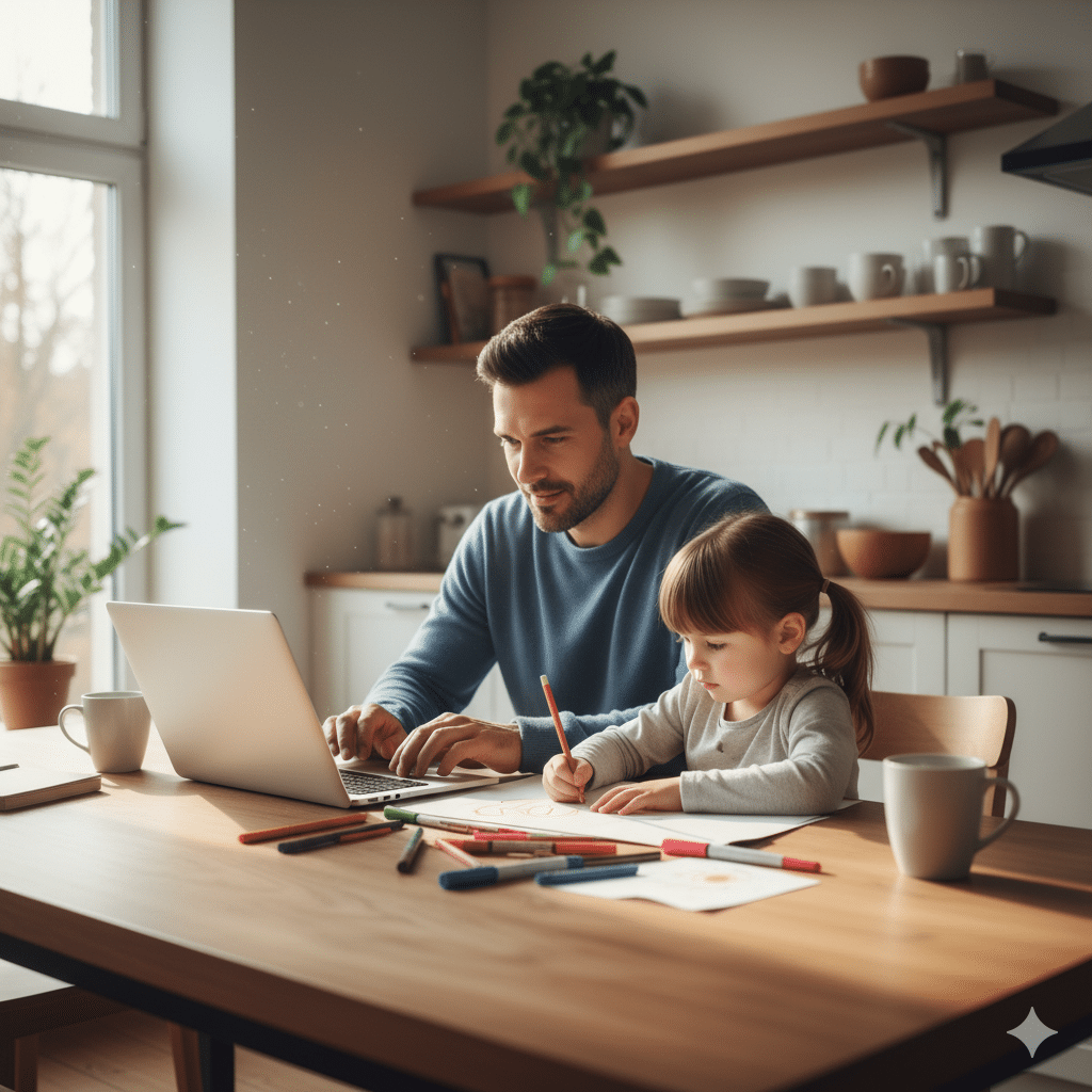 Single parent balancing work and parenting at home