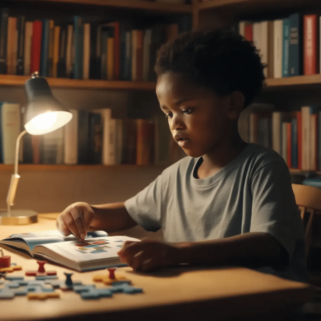 Child reading a book and solving puzzles at home