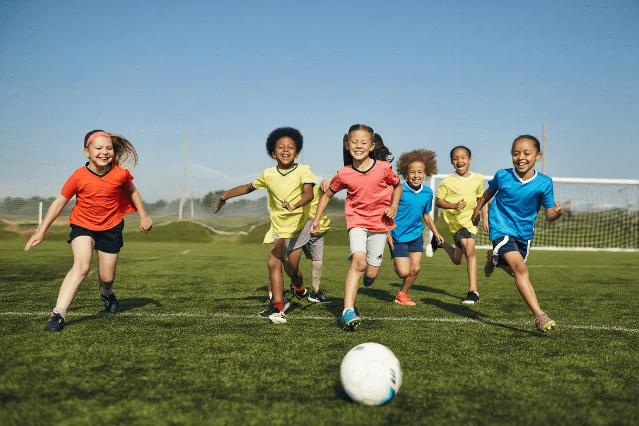 Child Development 6-12 years: Child running and kicking a soccer ball during playtime