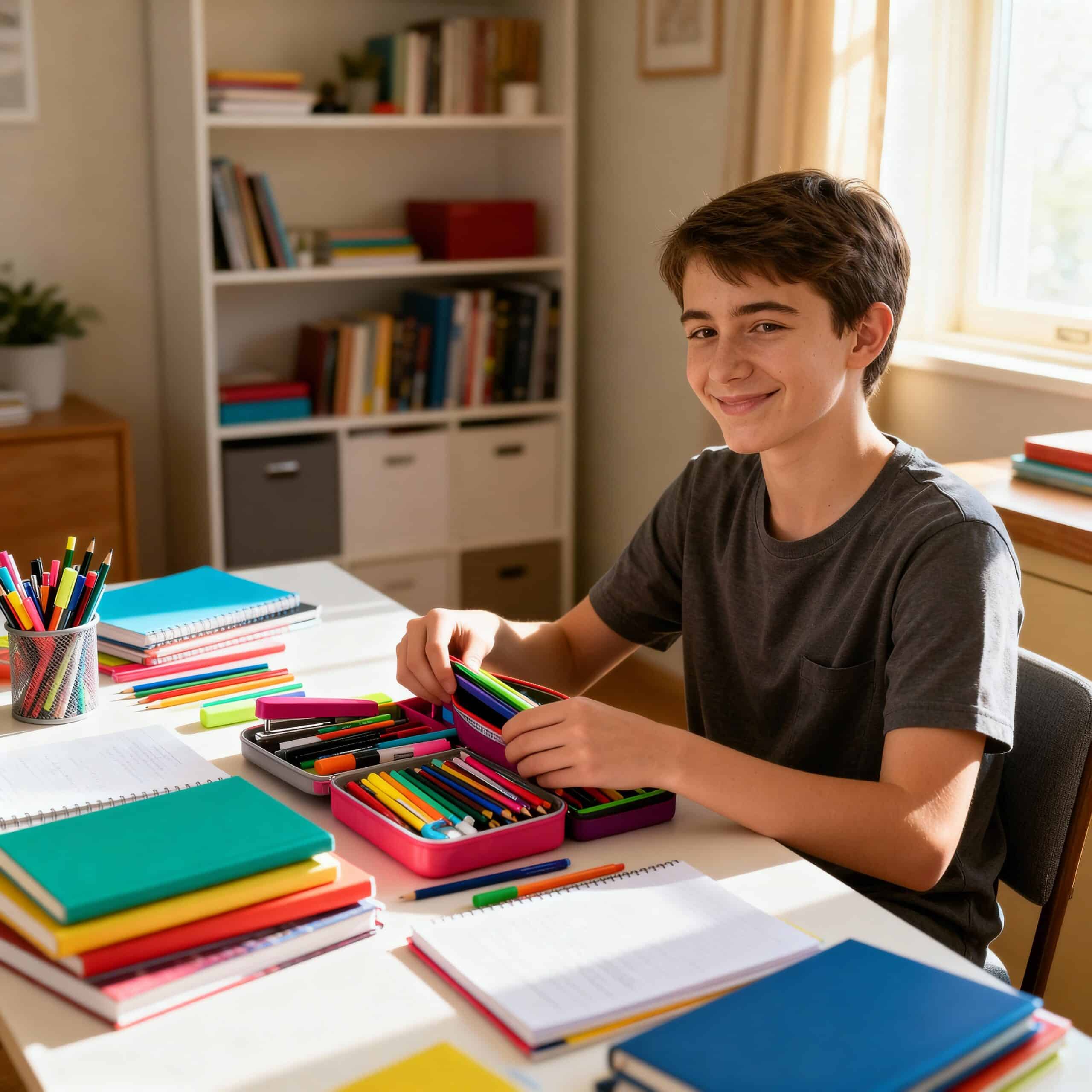 Teenager organizing school materials independently to build responsibility and autonomy.