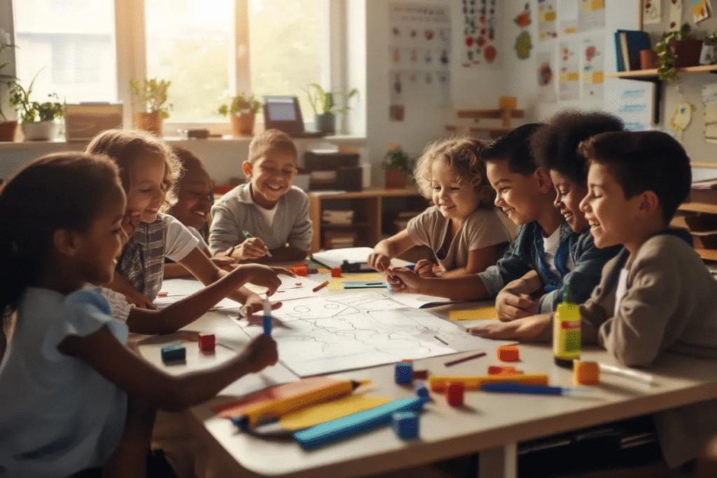 Children collaborating on a school project with teamwork and laughter