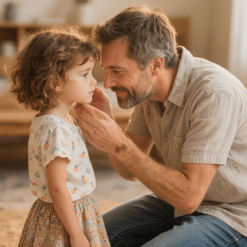 Father calmly talking with his daughter at home, showing authoritative parenting style