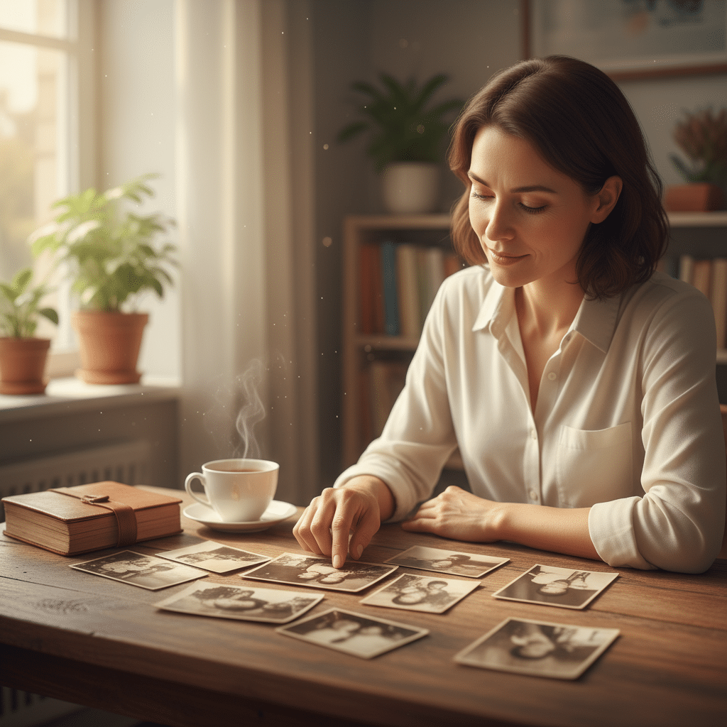 Attachment: Adult reflecting with childhood photos, understanding attachment patterns