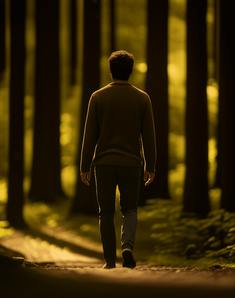Understanding attachment wounds:Calm adult walking in nature, soft sunrise light — serenity and closure.