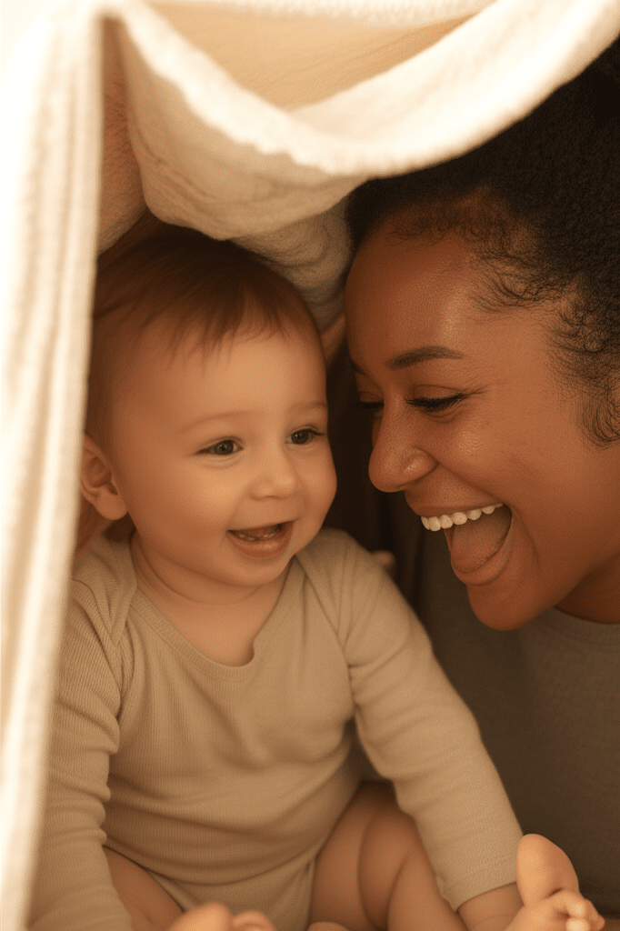 Baby laughing while playing peekaboo with parent