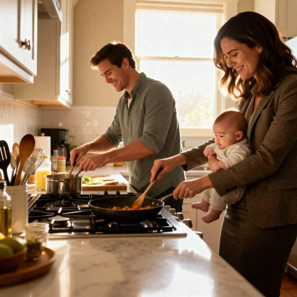 Parents working together in kitchen while baby sits in highchair