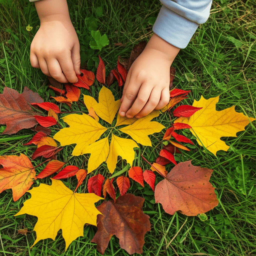 Children creating leaf mandalas during outdoor mindfulness activity