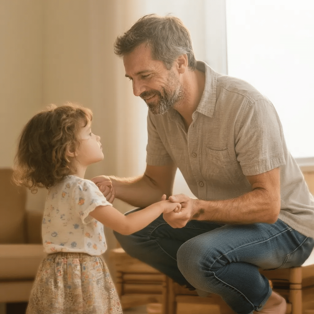 Parent guiding toddler gently with firm boundaries and warmth