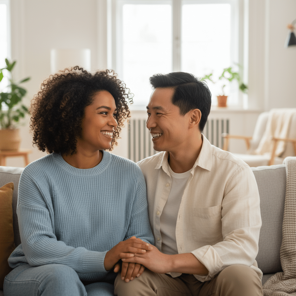 Attachment: Couple smiling, holding hands, secure attachment