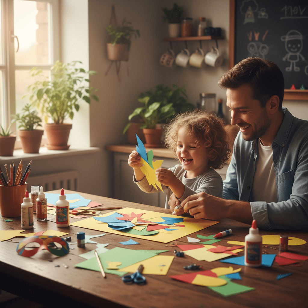 Parent helping child with colorful paper craft at home