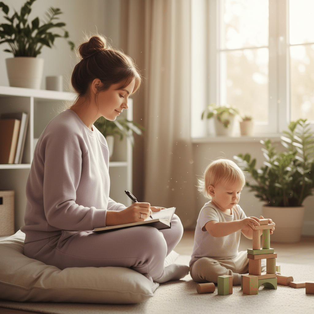 Parent journaling while child plays nearby, mindful parenting