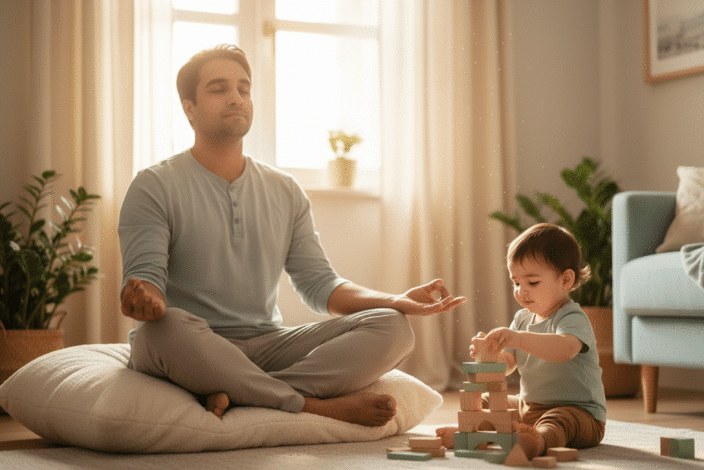 Parent meditating or reading while child plays nearby — balanced parenting