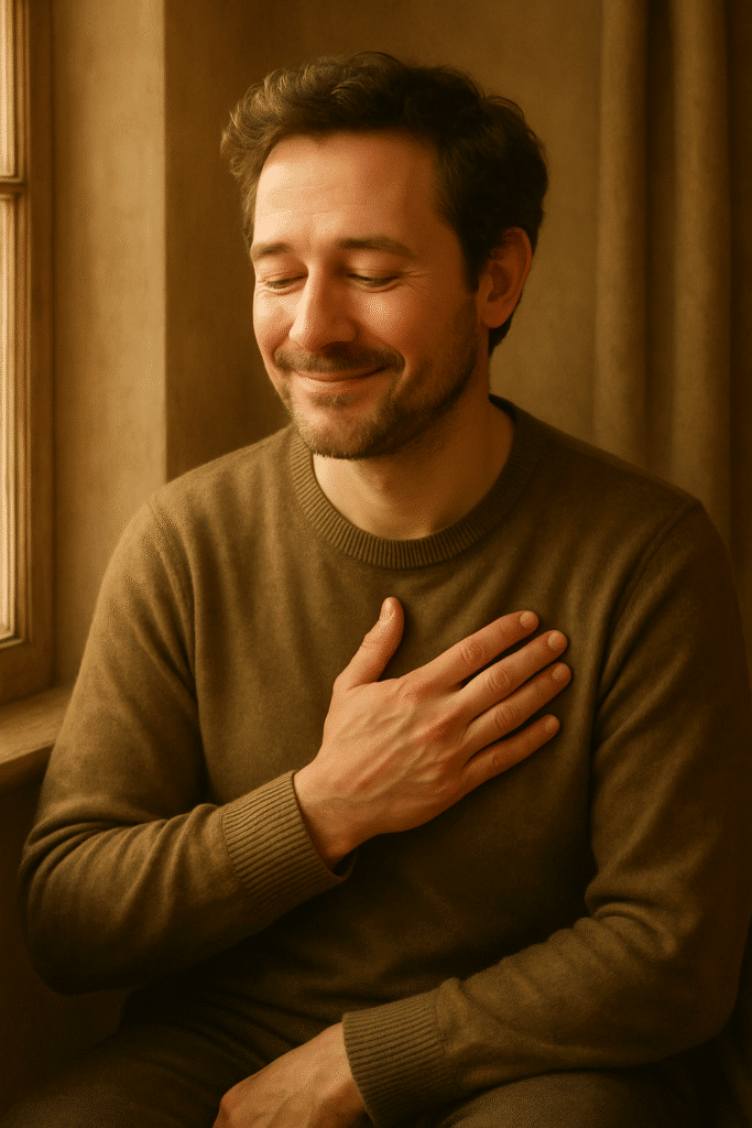 Healing attachment wounds:Person with hand on heart, calm expression-inner healing moment