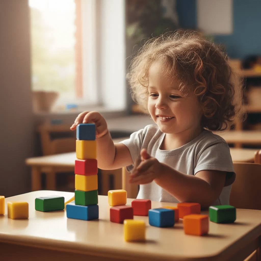 Child Development 3–5 Years : Preschool child stacking colorful blocks during playtime