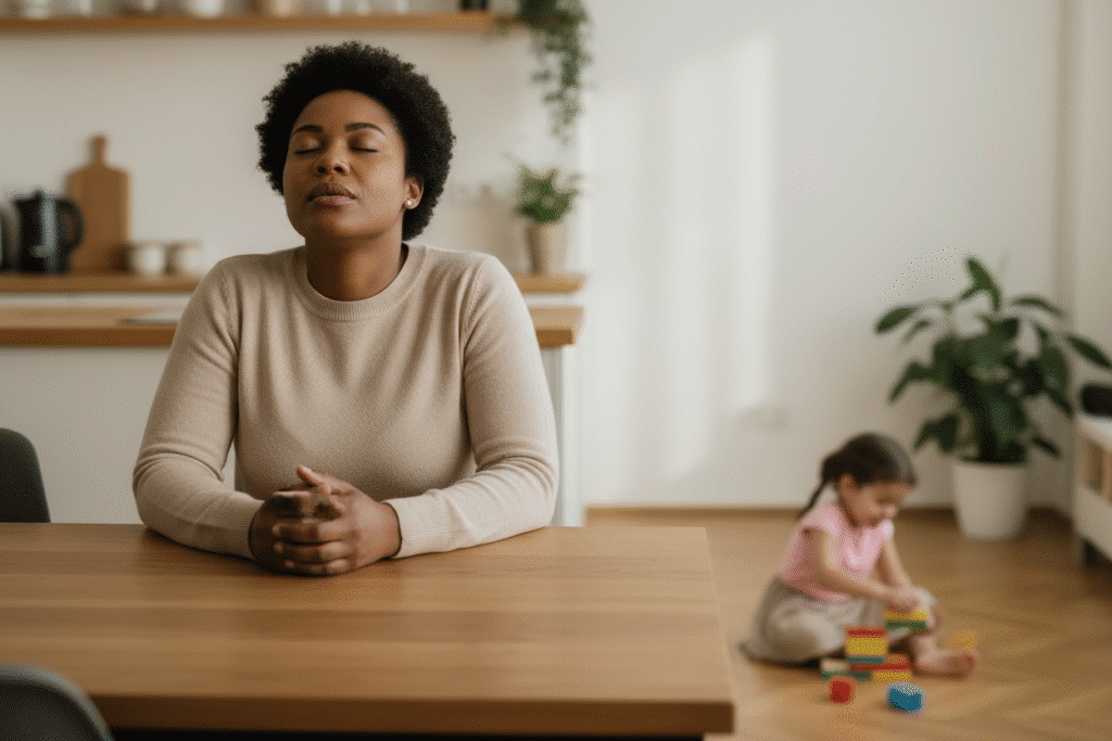 Parent taking a mindful pause to stay calm during a stressful parenting moment