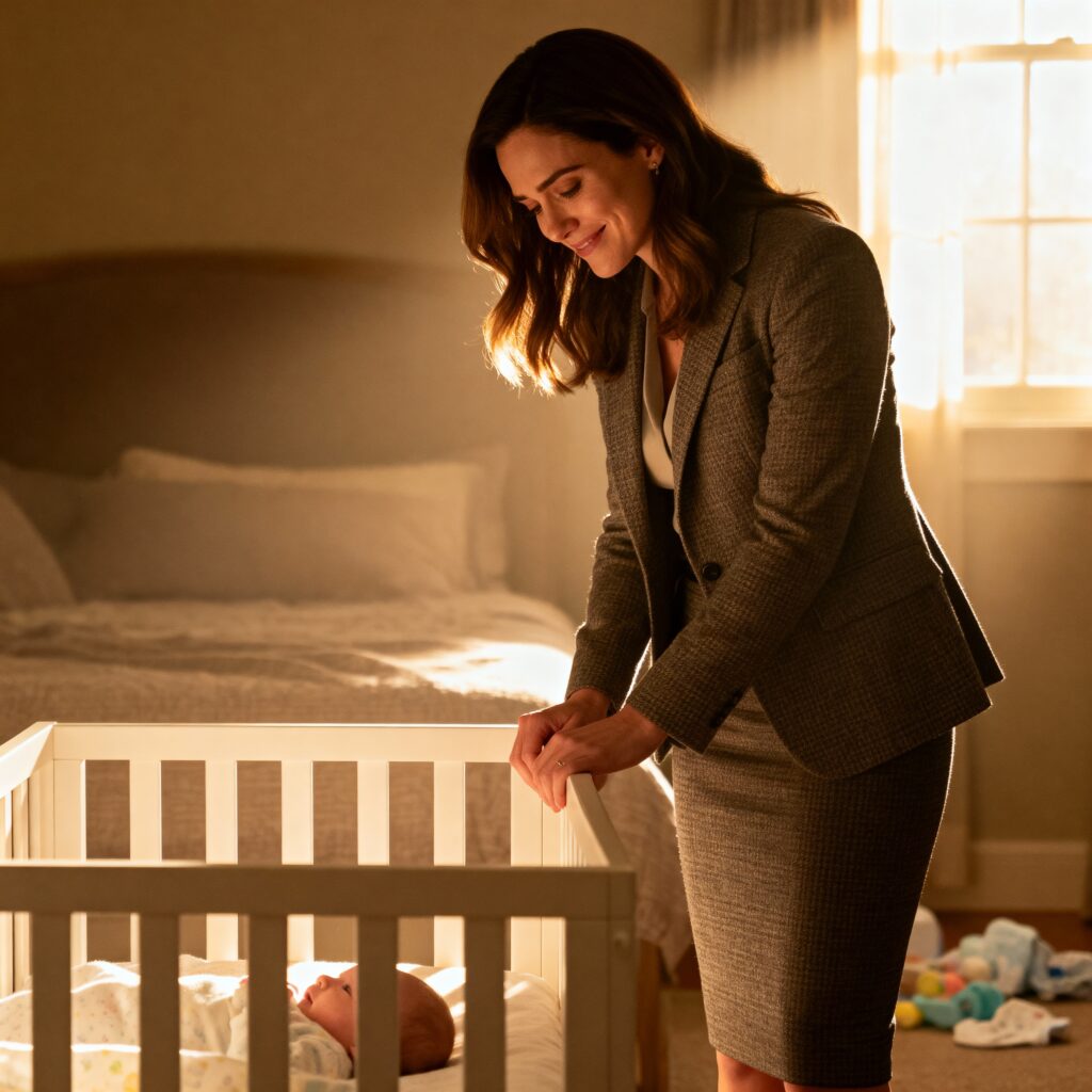 New mom looking at her baby before leaving for work, emotional moment