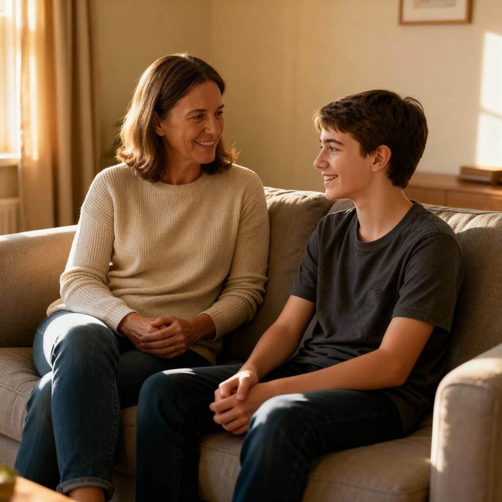 Parent and teenager having a positive conversation about independence and mutual trust.