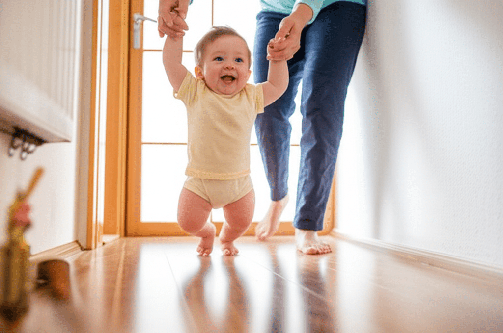 Child Development 0–2 Years: The Foundation of Growth and Connection: Baby learning to walk with parent’s gentle support