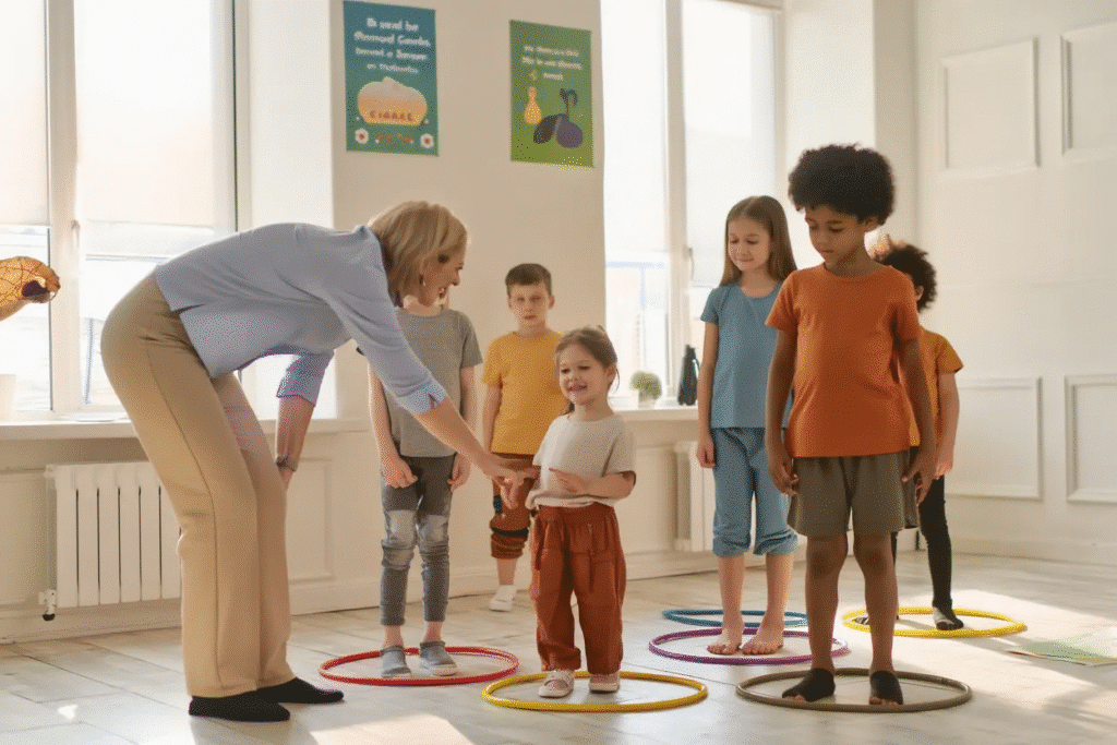 children drawing body outlines to learn about personal space