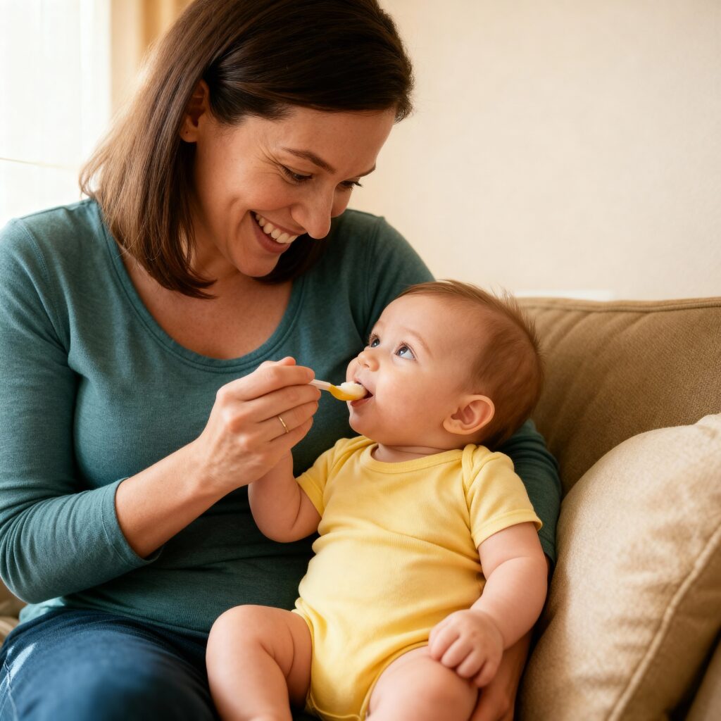 Caregiver smiling at baby during feeding time