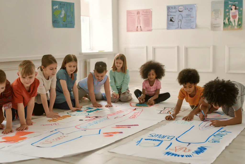 children drawing body outlines to learn about personal space