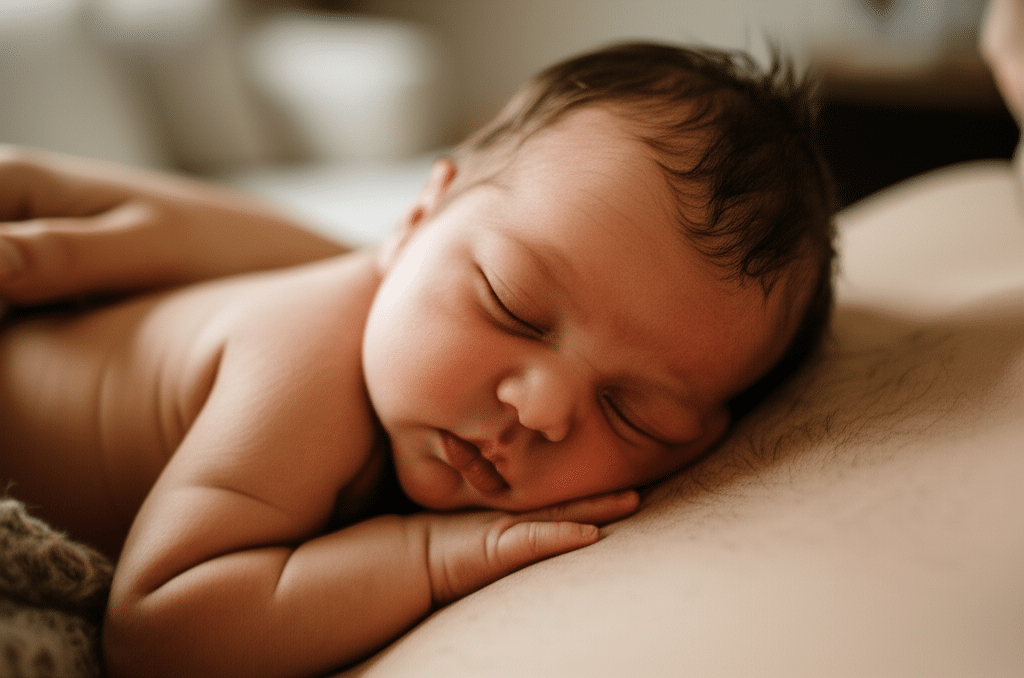 First time parents bonding with newborn skin-to-skin