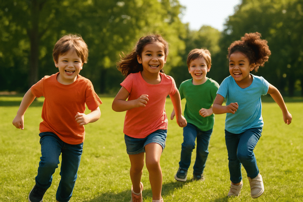 Children running and playing tag in a park