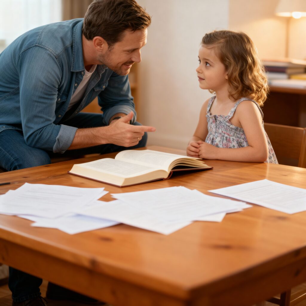 Parent and child smiling during homework time showing warmth and guidance