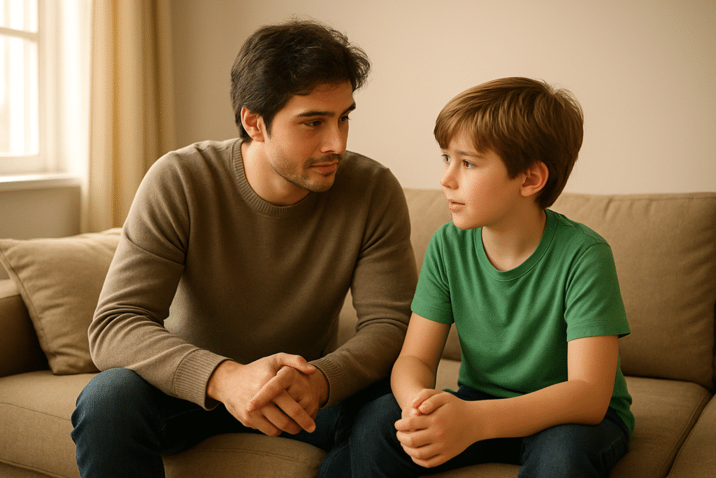 Parent listening to child sharing feelings at home