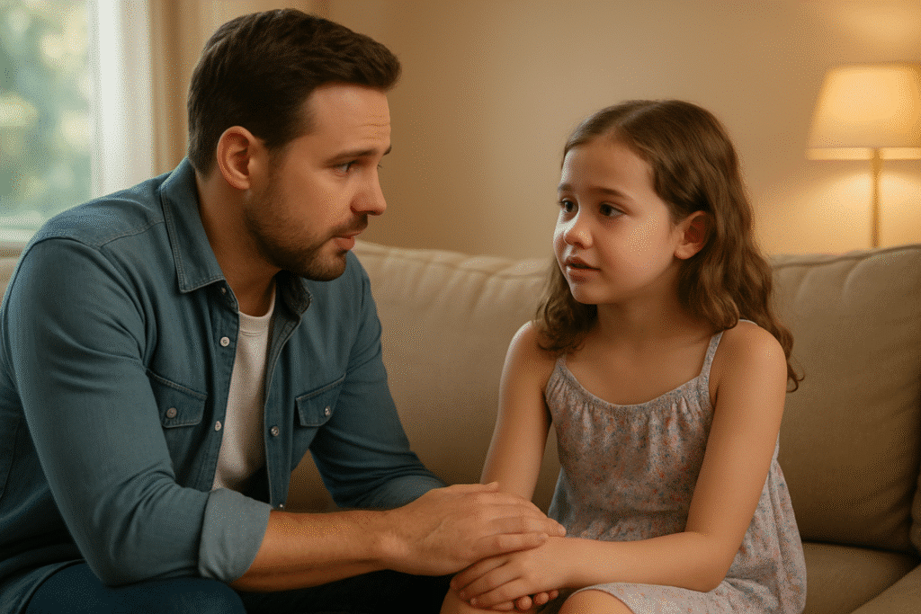 Parent calmly talking to child during a family discussion about rules