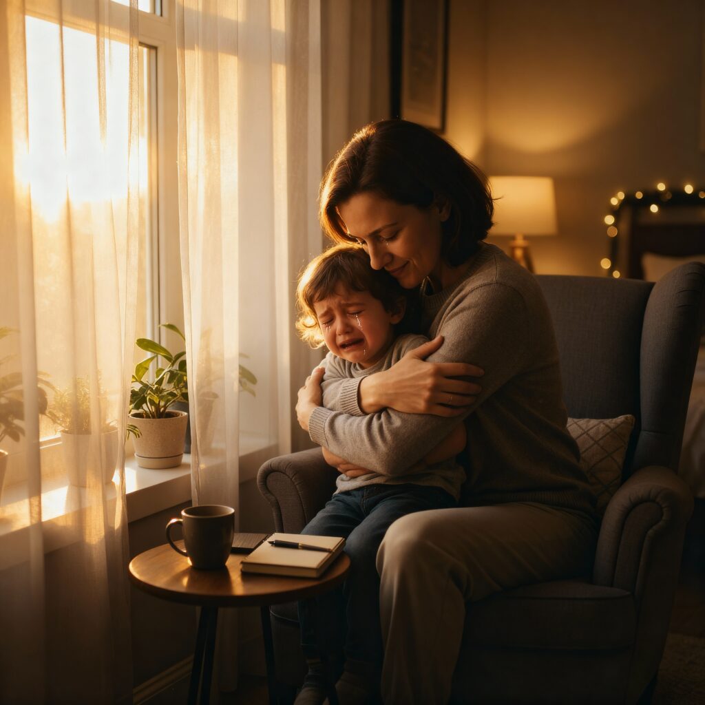 Understanding attachment wounds :Parent hugging child after disagreement, rebuilding trust