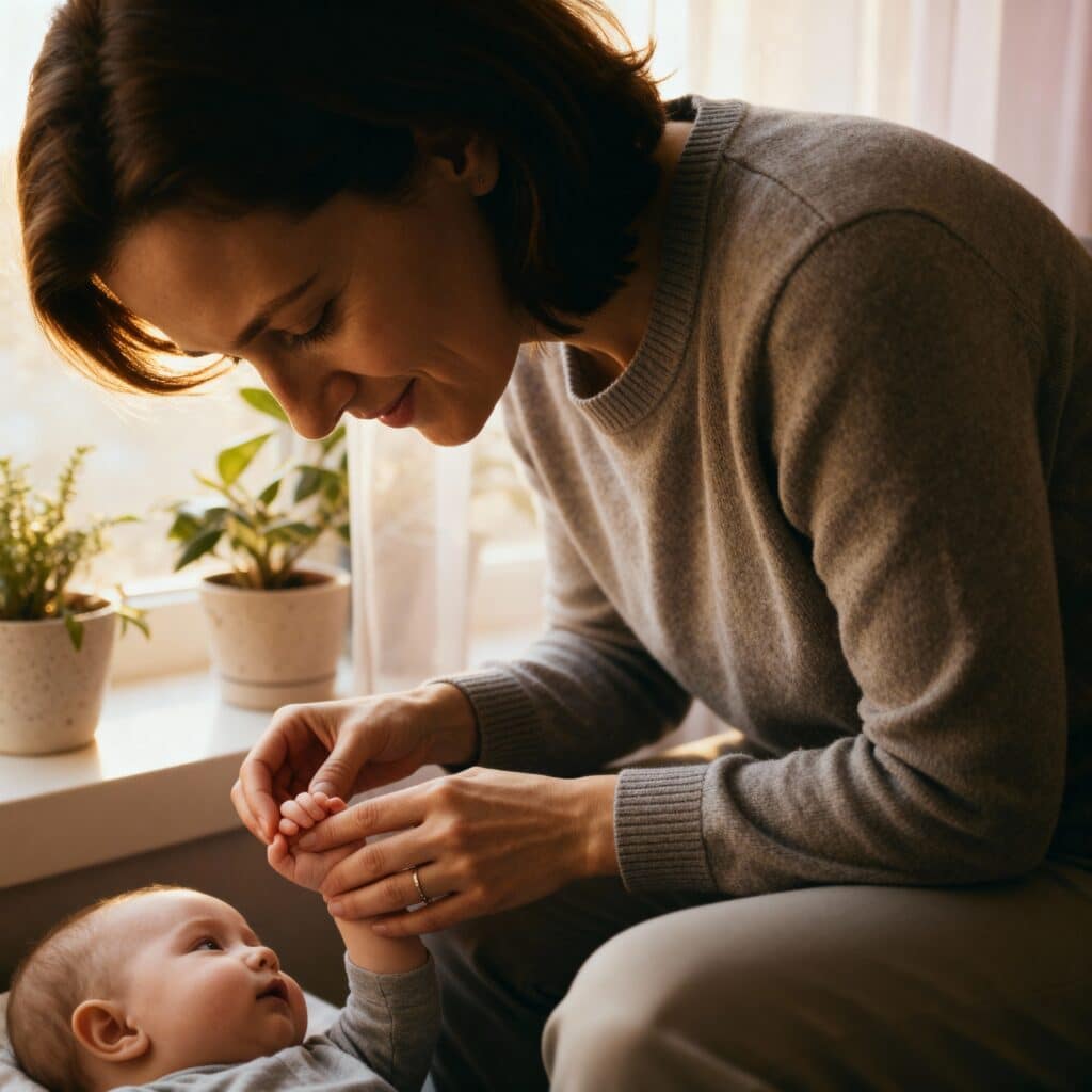 Parenting a disabled child: early bonding with disabled child A mother touching her baby’s hand with care.