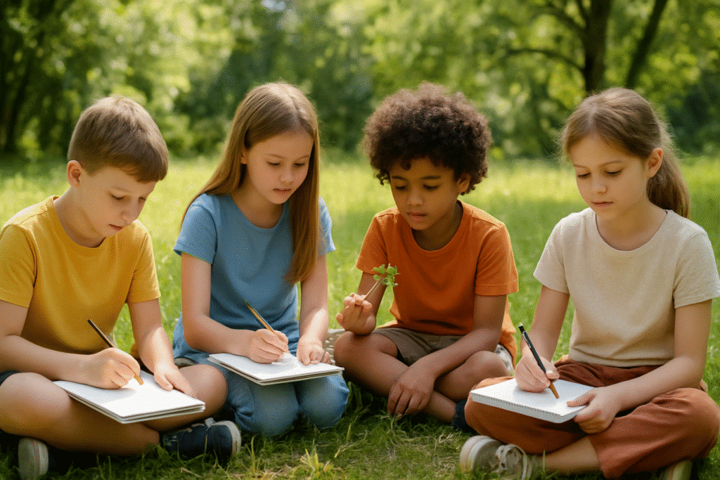 Kids drawing and writing in nature journals during outdoor class