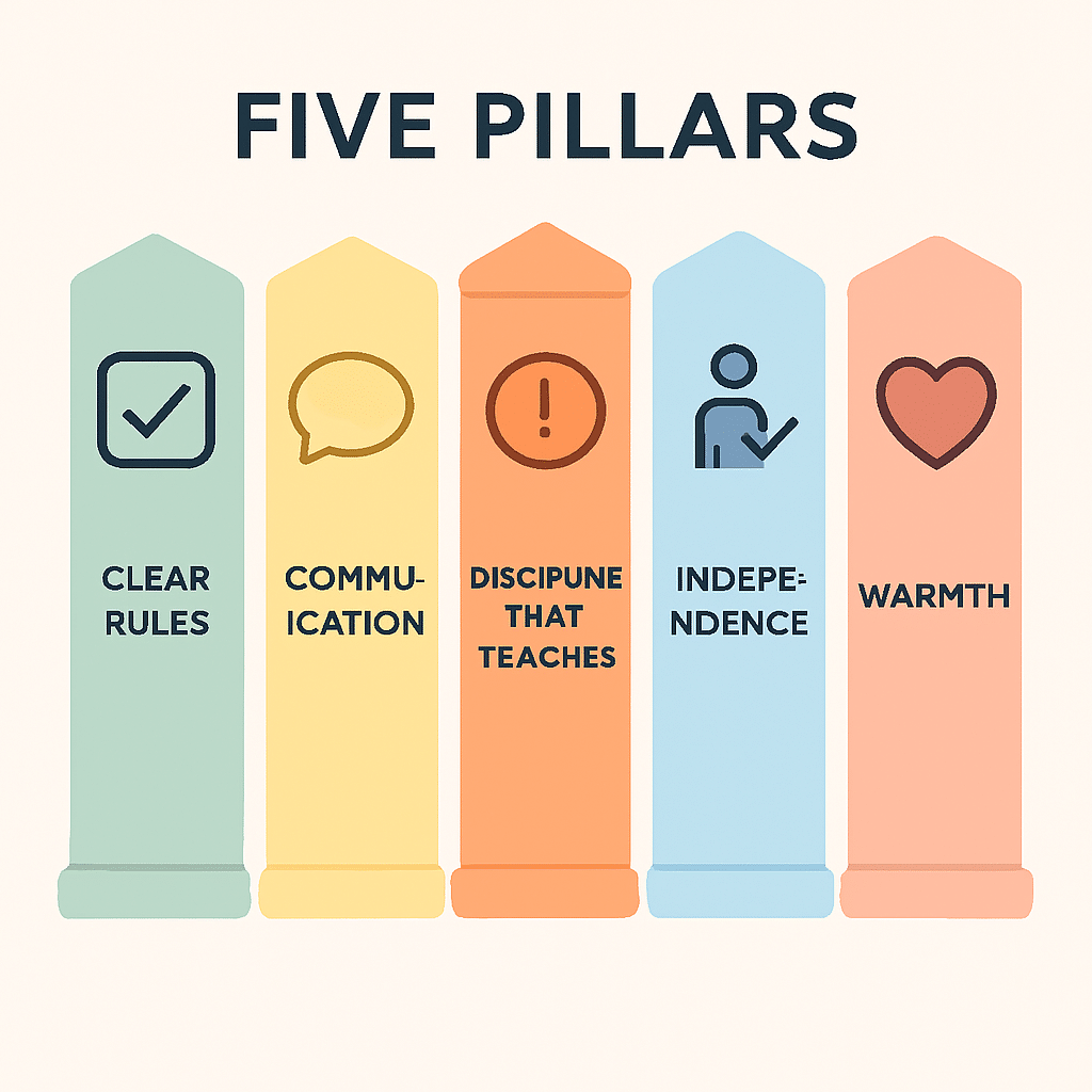 Five pillars of authoritative parenting: rules, communication, discipline, independence, warmth