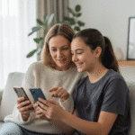 Parent and teenager using technology together while maintaining healthy communication