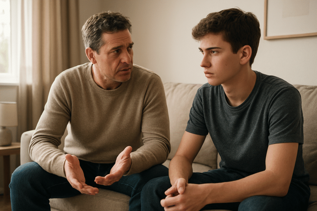 Communicating with a teenager: Father and teenage son calmly resolving a conflict at home