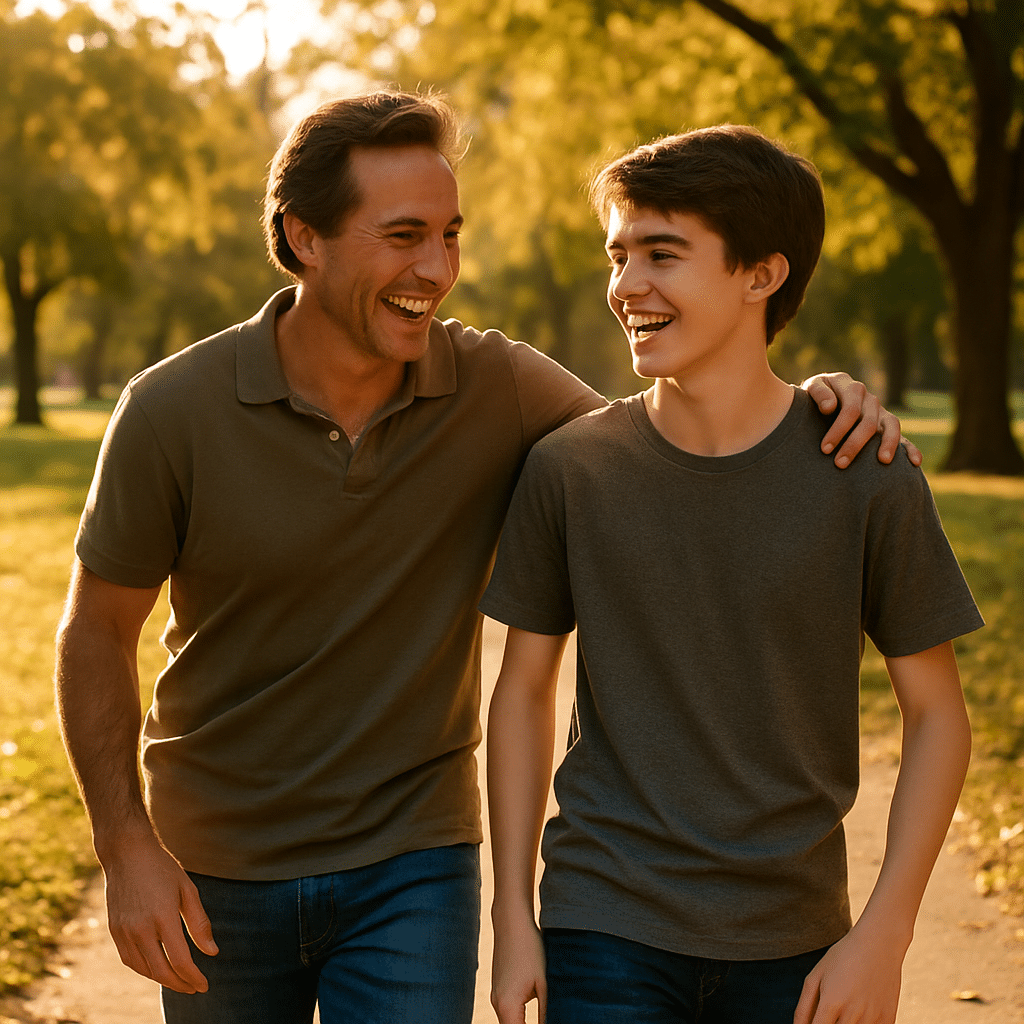 Father and teenage son talking and laughing together during a walk