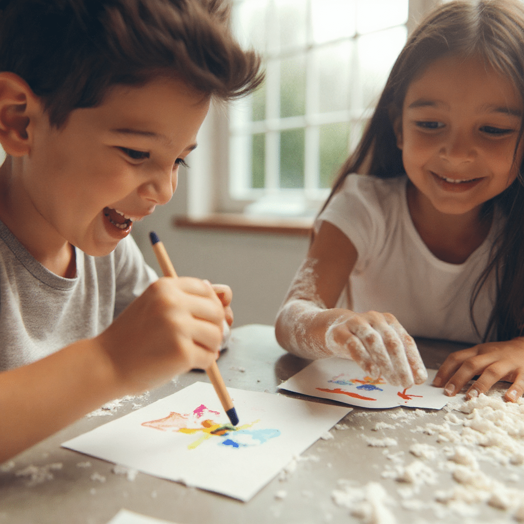 Kids enjoying rainy day crafts indoors