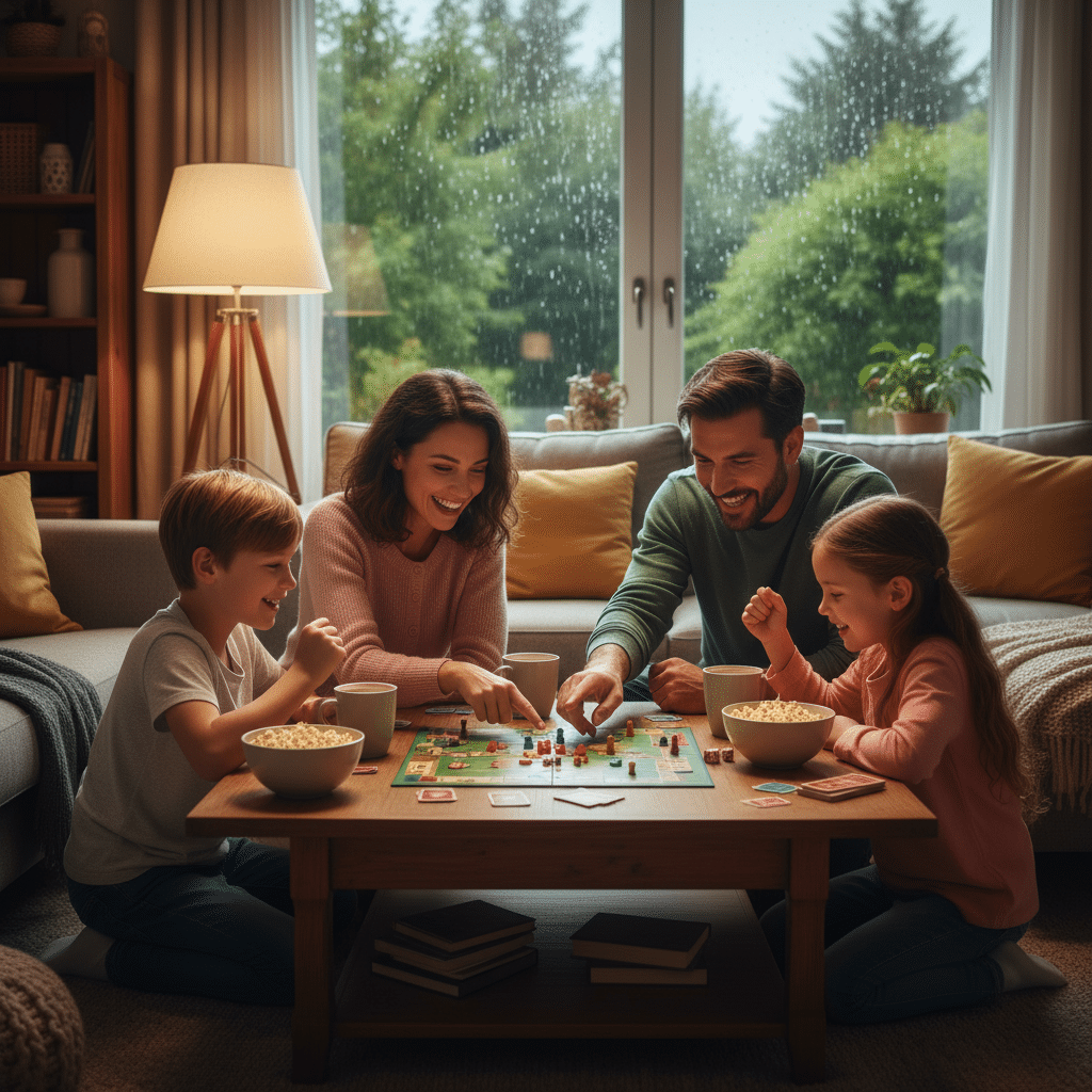 Family enjoying fun activities for rainy days indoors