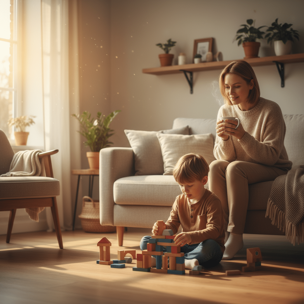 Helping an Autistic Child Thrive: parent sitting on a sofa with a cup of tea, watching their autistic child play calmly on the floor in a cozy living room