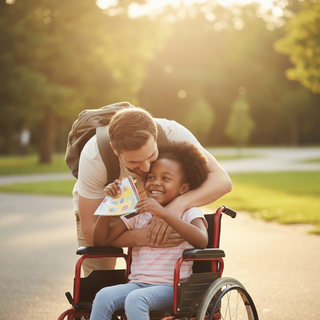 celebrating school progress with disabled child