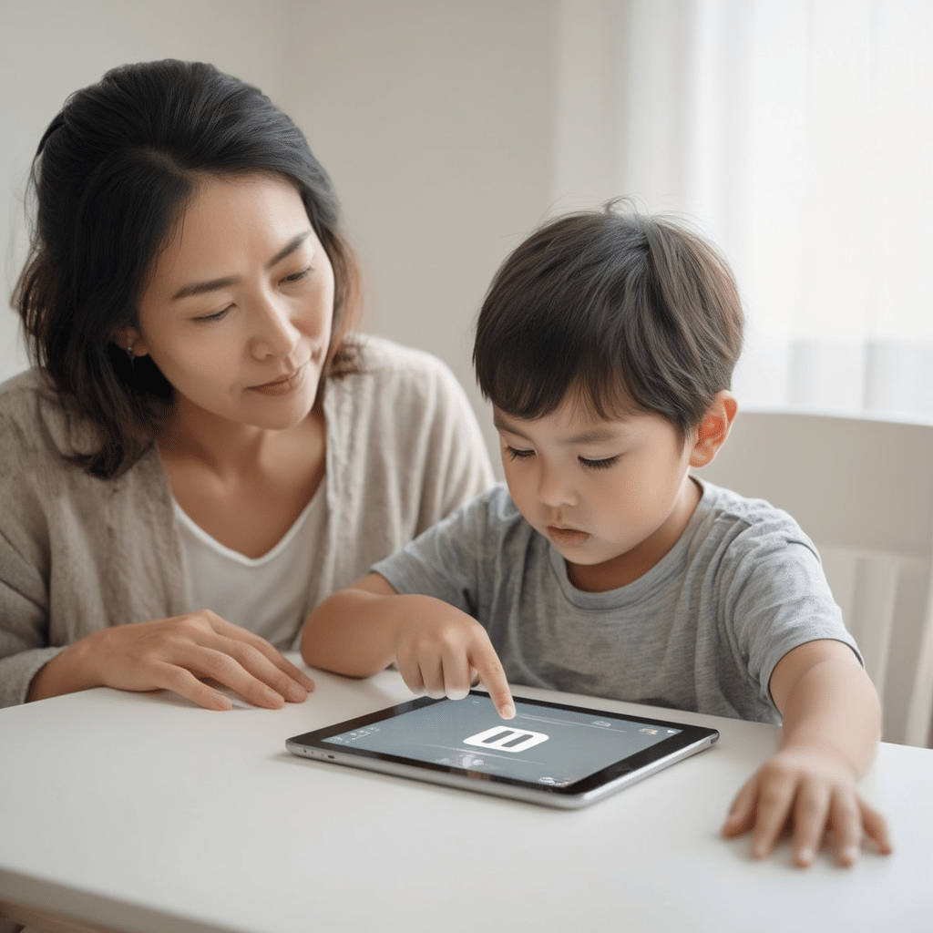 Helping an Autistic Child Thrive:autistic child tapping a communication app on a tablet to ask for a break while a supportive adult listens